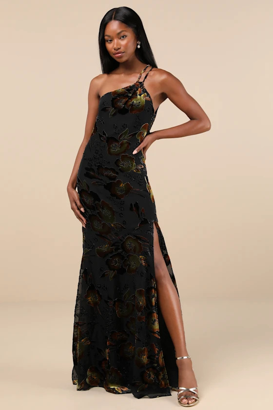 Ethereal Entrance Black Velvet Burnout One-Shoulder Maxi Dress | Lulus