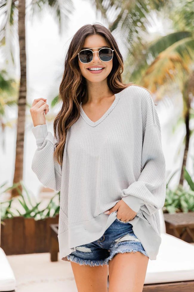 Since You've Been Gone Grey Waffle Knit V-Neck Sweater | Pink Lily