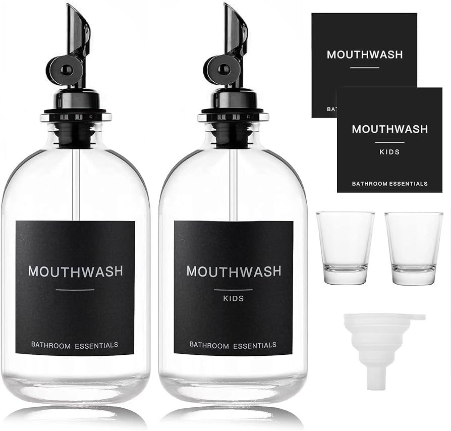 Black Glass Mouthwash Dispenser with Cups, 12.7 oz, 2 Pack - Clear Mouthwash Bottle with 304 Stai... | Amazon (US)