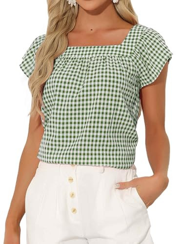 Allegra K Gingham Tops for Women Summer Cute Cap Sleeve Square Neck Plaid Shirts Casual Blouses X-Small Green White | Amazon (US)