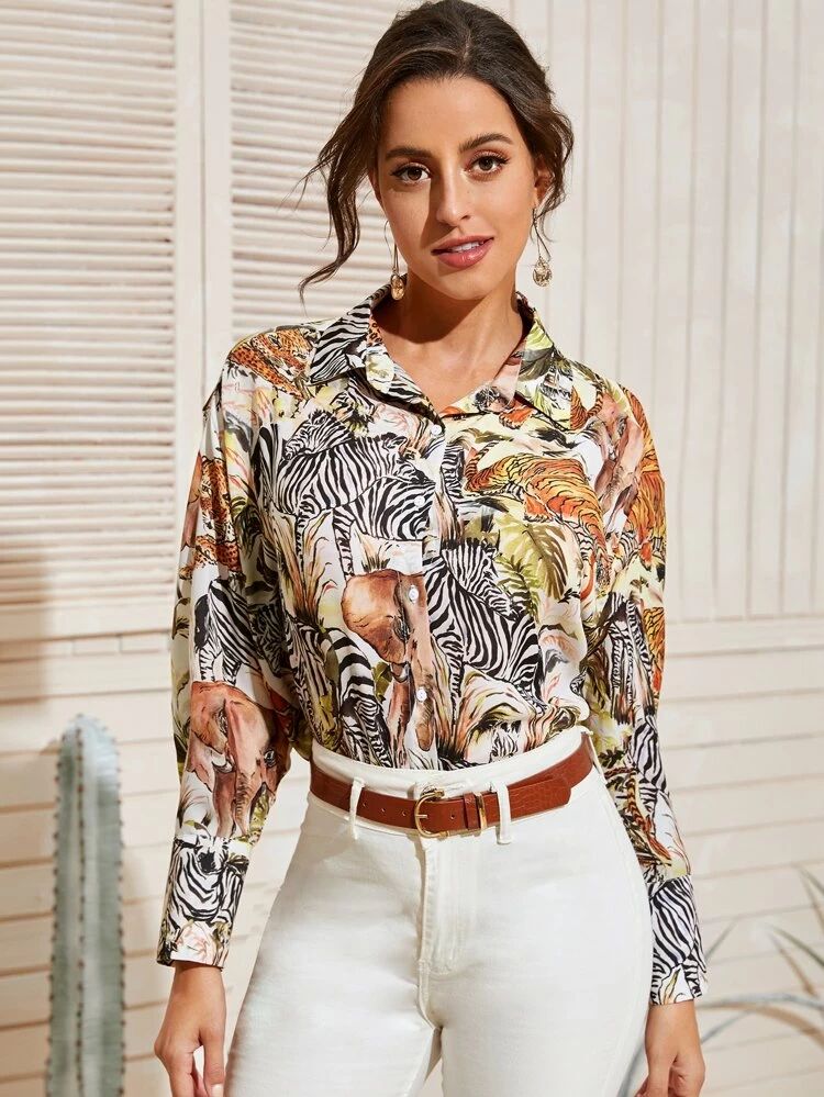 Landscape And Animal Print Button Up Blouse | SHEIN