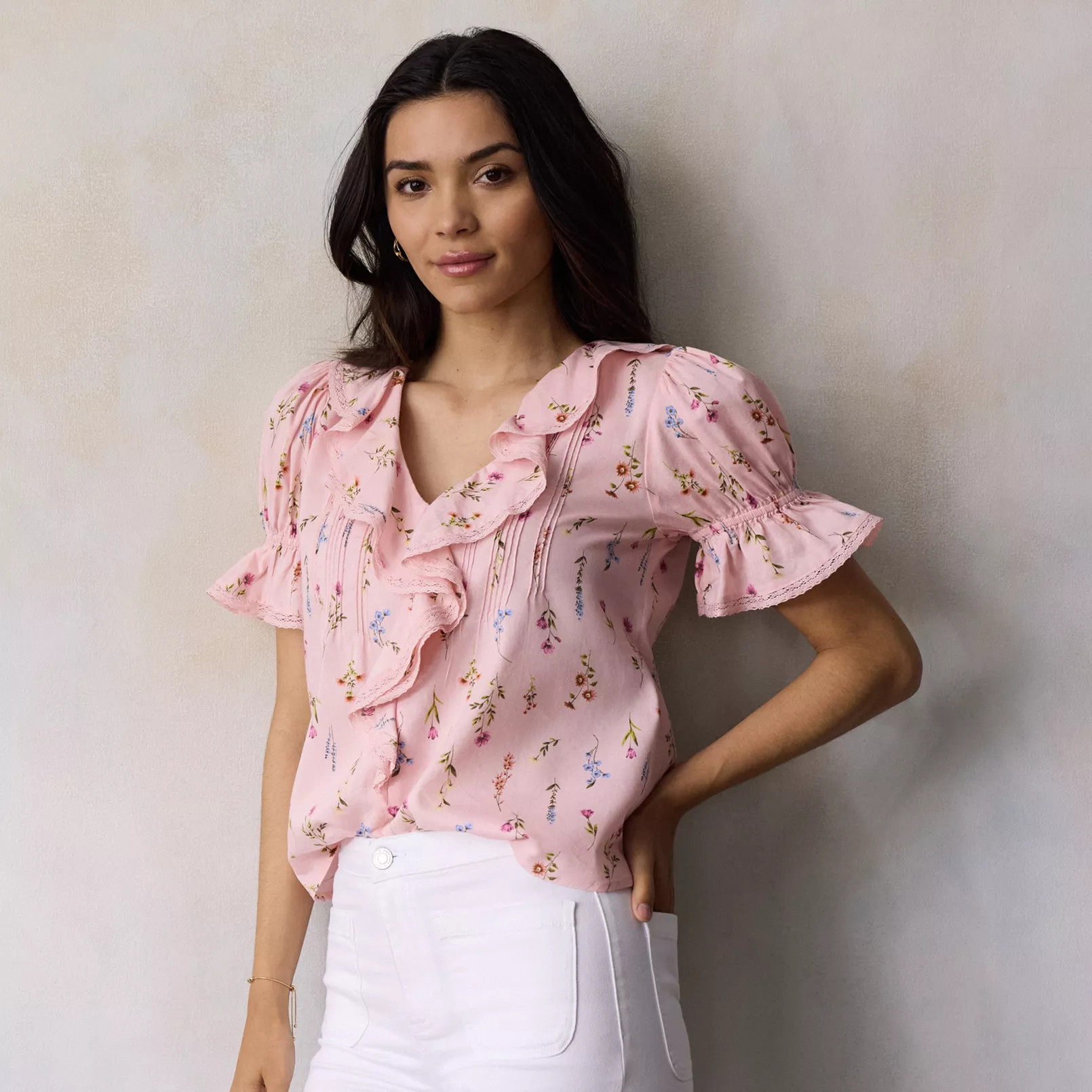 Petite LC Lauren Conrad Ruffle Front Blouse With Tucks | Kohl's