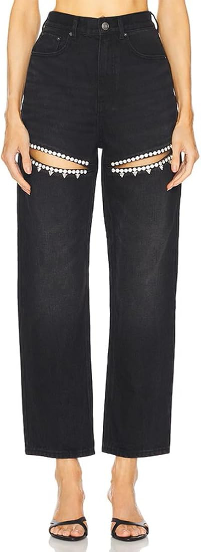 Baggy Ripped Jeans for Women Y2k Rhinestone Jeans High Waist Pants Stretch Fabric | Amazon (US)