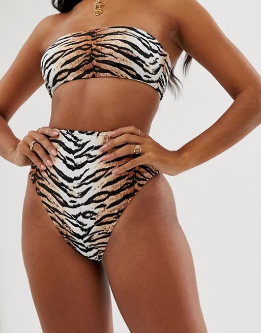 ASOS DESIGN mix and match high leg high waist bikini bottom in natural tiger print | ASOS (Global)