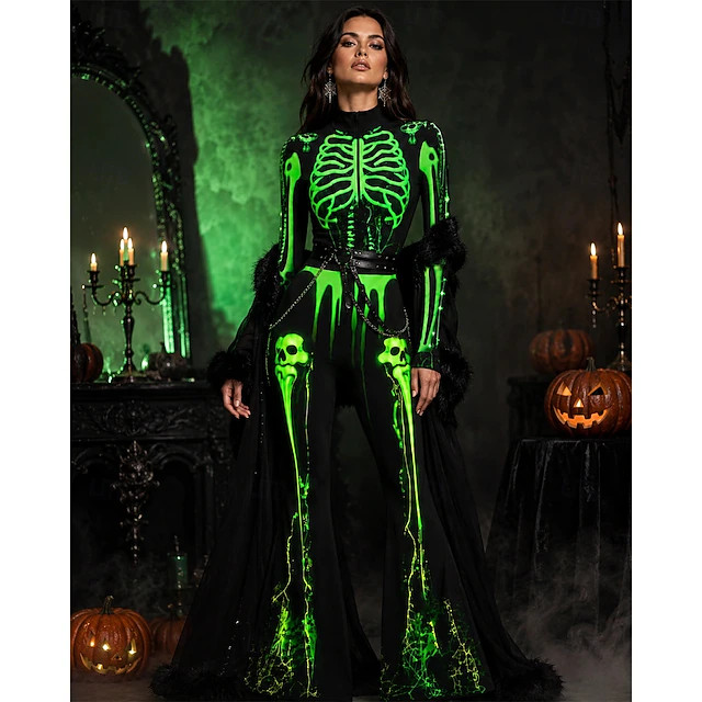 Halloween Jumpsuit Costume Bodysuit Flared Trousers Full Body Skeleton Neon Skeleton Printing Fro... | Lightinthebox