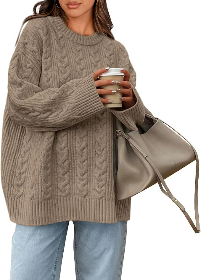 Okiwam Women's Oversized Sweaters Crewneck Cable Knit Pullover | Cozy Soft Chunky Textured Knit,C... | Amazon (US)
