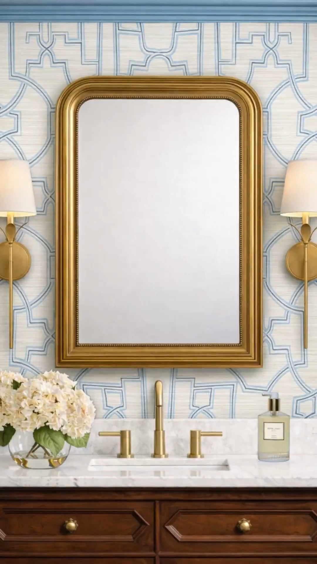 A classic blue white and wood powder bathroom design! 

#LTKHome #LTKSaleAlert #LTKSpringSale