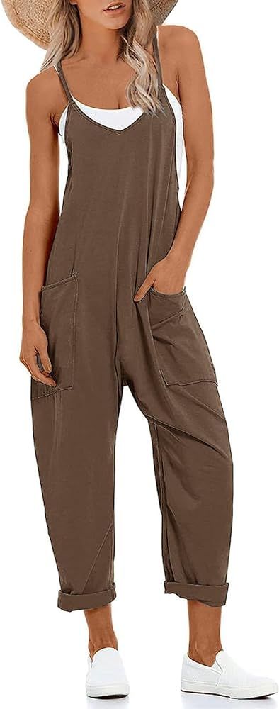 Muchpow Women's V Neck Sleeveless Jumpsuits Spaghetti Straps Harem Long Pants Overalls With Pockets | Amazon (US)