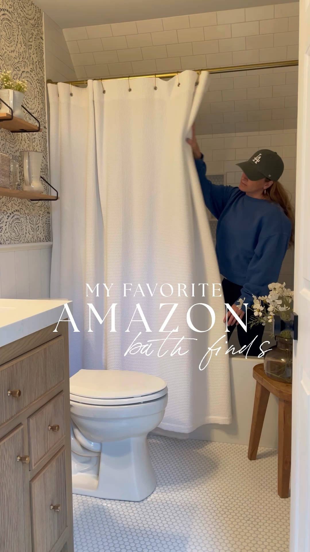 Amazon bathroom Wallpaper, shelves, vanity mirror and sconce, shower curtain, bathroom essentials

#LTKStyleTip #LTKFindsUnder50 #LTKHome