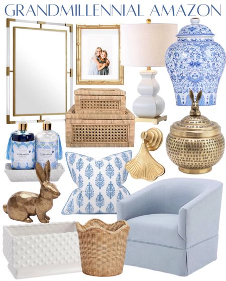 Amazon decor finds Grandmillennial style classic home finds blue swivel chair mirror ginger jars cane storage baskets wicker Gingko lead drawer pulls 

#LTKStyleTip #LTKHome