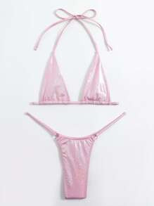 SHEIN Swim SXY Summer Beach Metallic Bikini Set Micro Triangle Bra & O-Ring Linked Thong 2 Pieces... | SHEIN