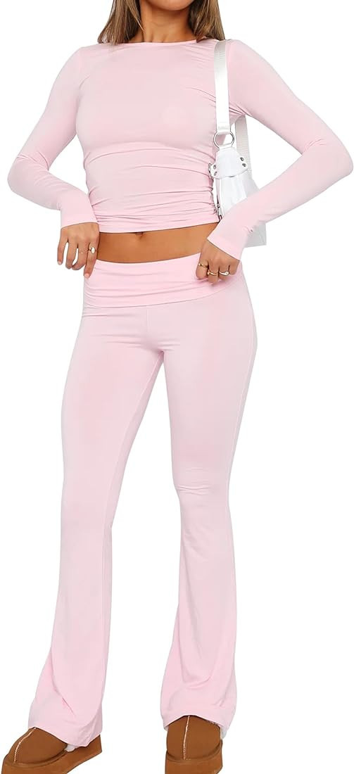 ICOBID Women’s 2 Piece Outfit Solid Basic Long Sleeve Crop Top And Flared Leggings Low Waisted ... | Amazon (US)