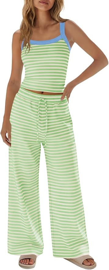 SENSERISE Womens Striped Lounge Set 2 Piece Outfits Spaghetti Strap Tank Top Wide Leg Pants Summe... | Amazon (US)