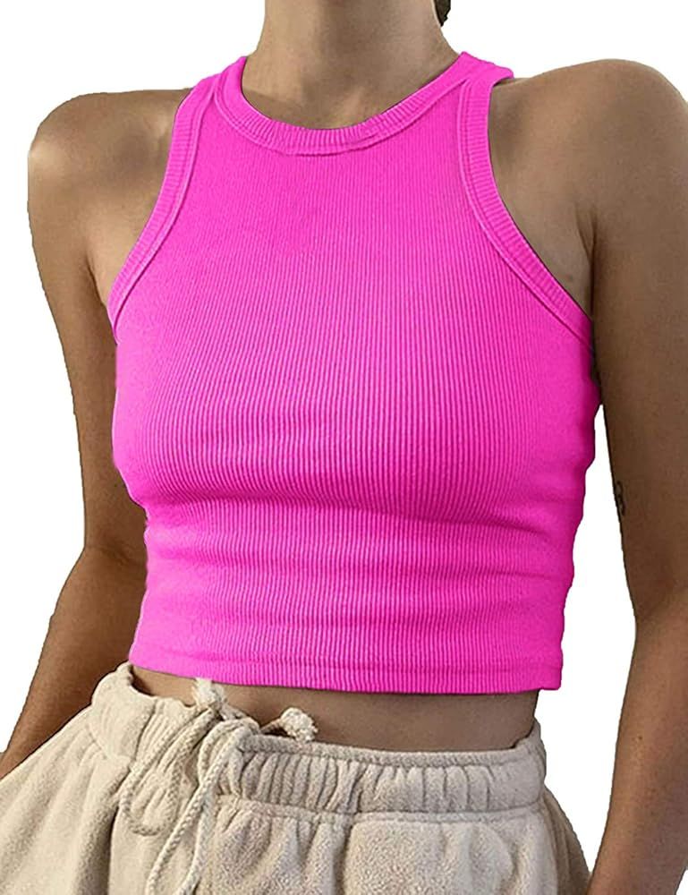 Artfish Women Casual Basic Sleeveless High Neck Rib-Knit Y2k Crop Tank Top | Amazon (US)