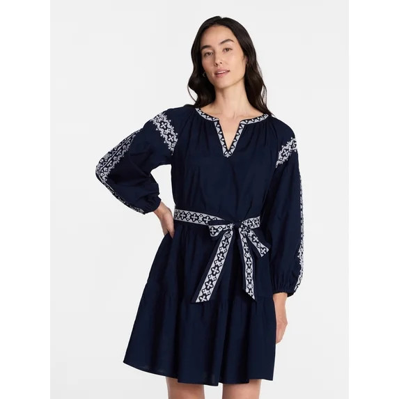 Time and Tru Women's Embroidered Cotton Mini Dress with Long Blouson Sleeves, Sizes XS-XXXL - Wal... | Walmart (US)