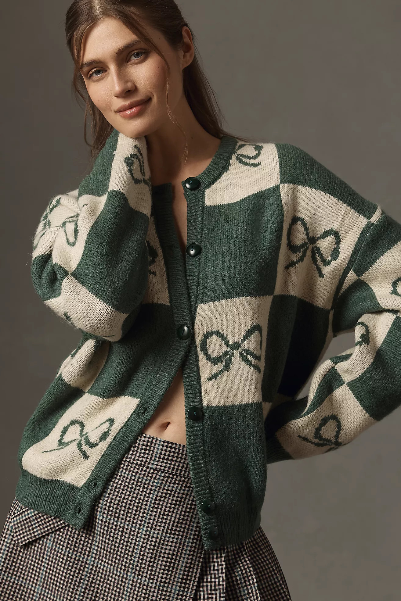 Lisa Says Gah Bow Check Cardigan Sweater | Anthropologie (US)
