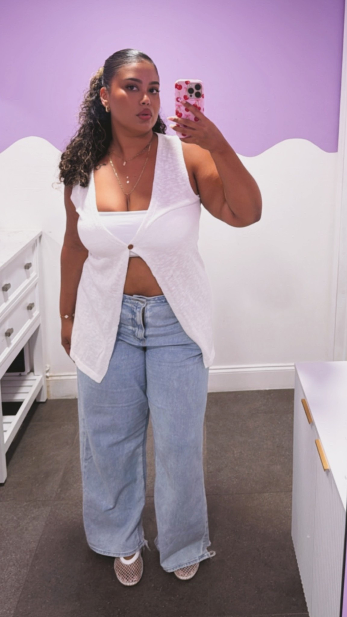 Flowy top with Baggy jeans and mesh ballerina slipper flats 