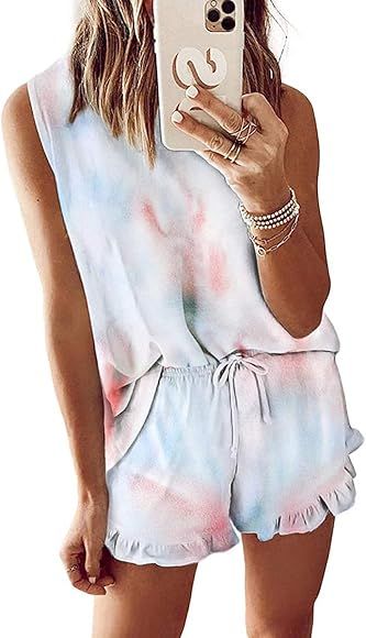 Womens Tie Dye Printed Ruffle Short Pajamas Set Sleeveless Tops and Shorts PJ Set Loungewear Slee... | Amazon (US)