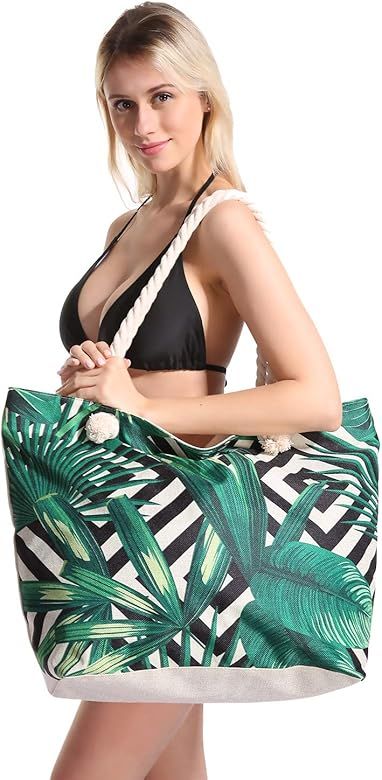 Extra Large Beach Bag for Women Waterproof Weekender Big Pool Tote Bag With Zipper, Inner Pocket | Amazon (US)
