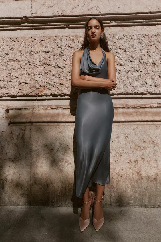 ASYMMETRICAL BEADED SATIN MIDI DRESS | Zara US
