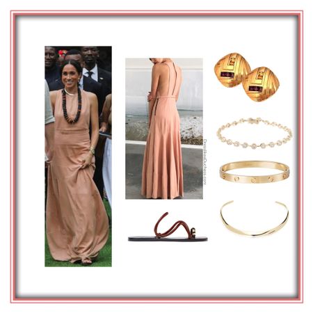 Meghan Markle Nigeria May 10, 2024 in Heidi Nerrick Windsor blush dress, Lanvin vintage clip on earrings, Ariel Gordon Hex bracelet and possibly her Aurate collar necklace, Emme parsons sandals 