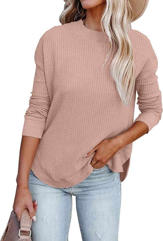 LOLONG Long Sleeve Blouses for Women Casual Waffle Knit Top Crew Neck Tunic Work Shirts | Amazon (US)