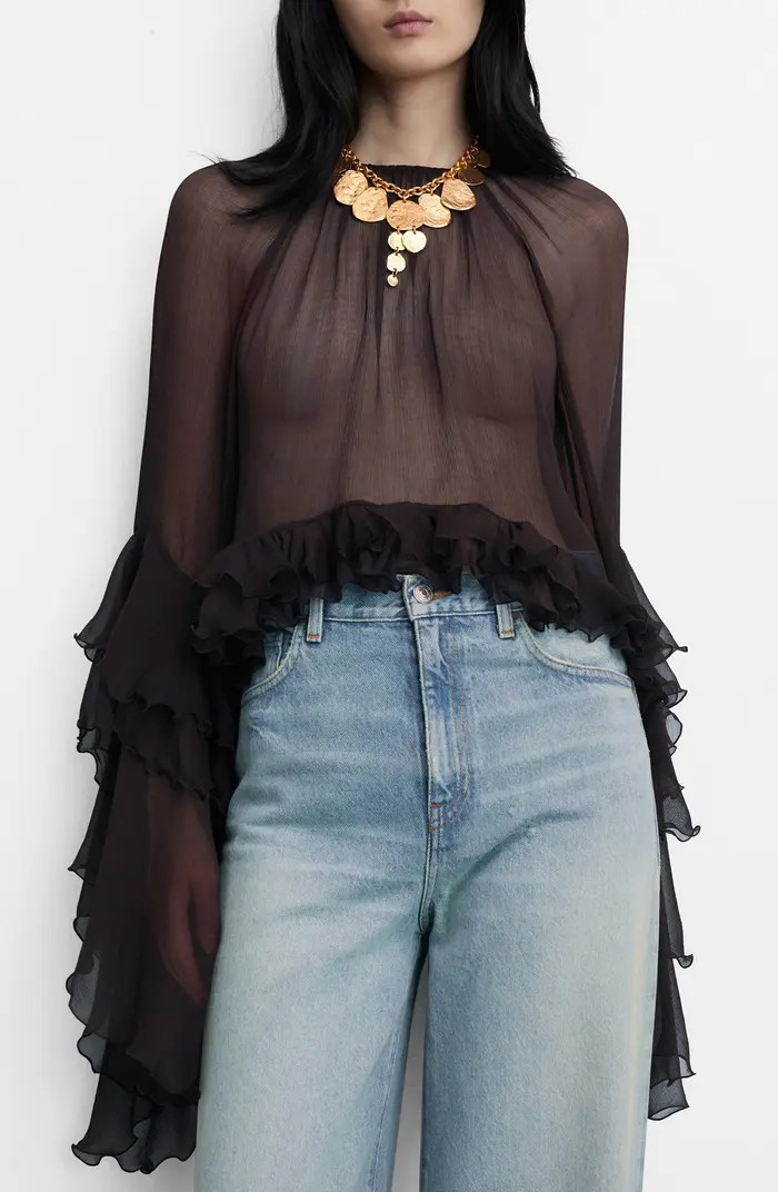 MANGO Ruffle Long Sleeve Chiffon Top | Nordstrom | Nordstrom