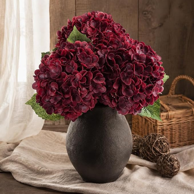 Red Burgundy Hydrangea Artificial Flowers, 21" Real Touch Hydrangea Flowers, Faux Hydrangea Flowe... | Amazon (US)