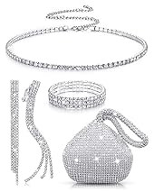 MTLEE Women Clutch Purse Rhinestone Jewelry Set 4 Pieces Rhinestone Earrings Bridal Wedding Choker B | Amazon (US)