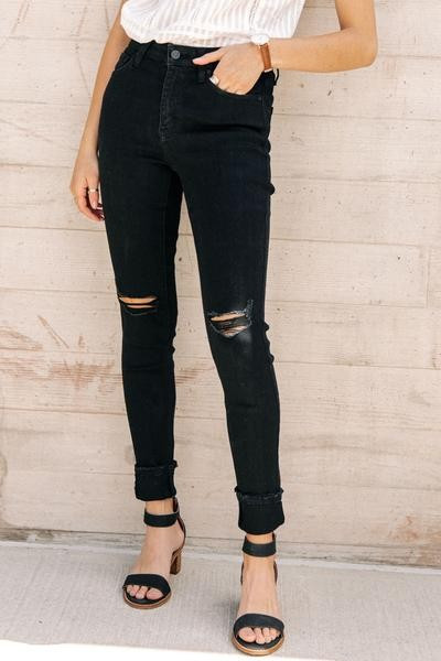 KanCan High-Rise Distressed Knee Black Denim | Böhme US