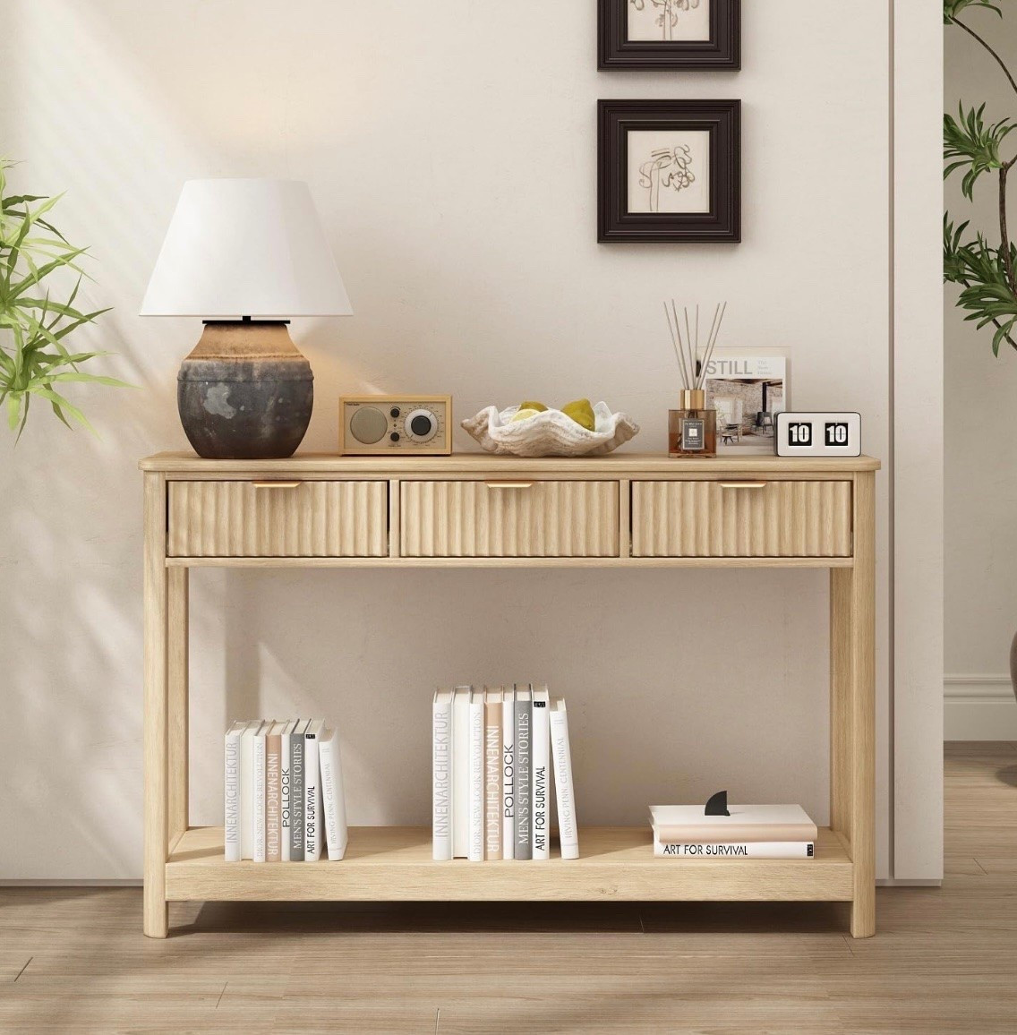 Fluted Wood Console Table with 3 Drawers, 47.2" Boho Entryway Table
Narrow Behind Couch Sofa Table, Open Storage Shelf, Curved legs, 2 Tier Modern Farmhouse Hallway Table for Living Room, Foyer