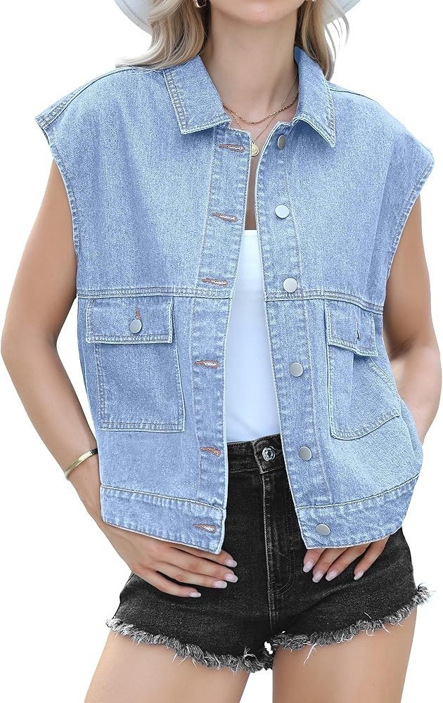 luvamia Denim for Women Oversized Button Down Sleeveless Jean Jacket Fashion Casual Western Outer... | Amazon (US)