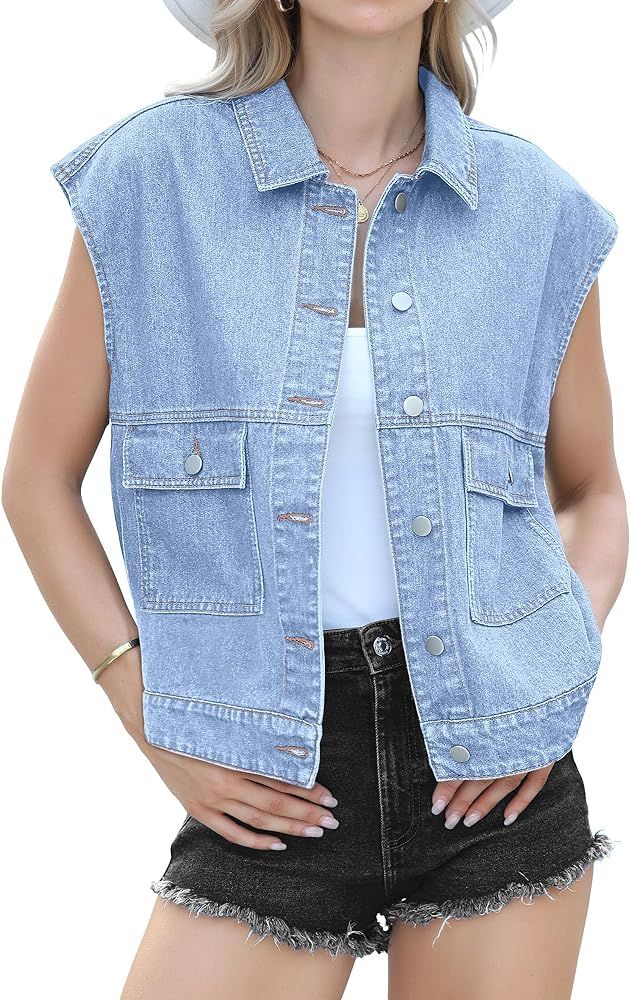 luvamia Denim for Women Oversized Button Down Sleeveless Jean Jacket Fashion Casual Western Outer... | Amazon (US)