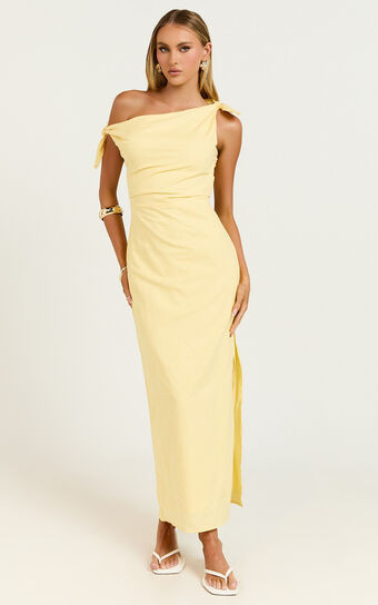 Cincinnati Midi Dress - Off The Shoulder Side Split Column Linen Dress in Lemon | Showpo (US, UK & Europe)