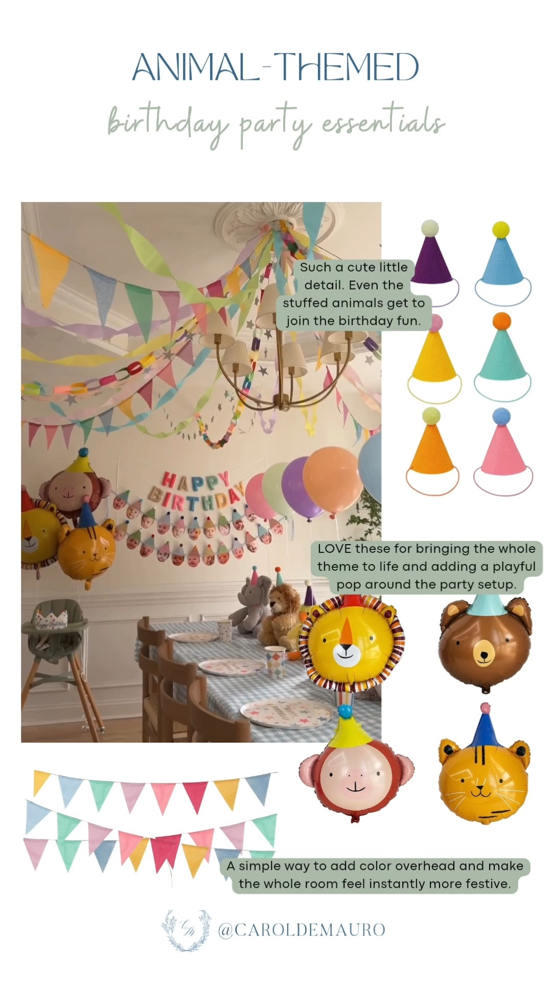 This animal themed birthday party was full of the sweetest details! Mini party hats for the stuffed animals and bright balloon garlands made it so playful.

kids birthday decor, birthday party essentials, toddler birthday ideas, animal balloon decor, party banner ideas, first birthday theme