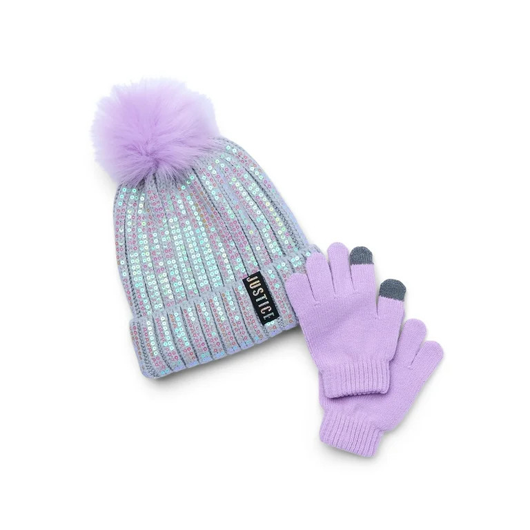 Justice Girls Iridescent Sequin Ribbed Beanie and Gloves 2-Piece Set, Grey - Walmart.com | Walmart (US)