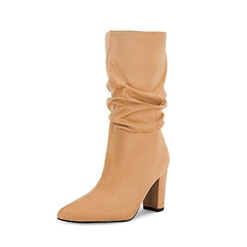 Syktkmx Womens Winter Slouchy High Heel Boots Mid Calf Suede Slip on Chunky Block Pointed Toe Boo... | Amazon (US)