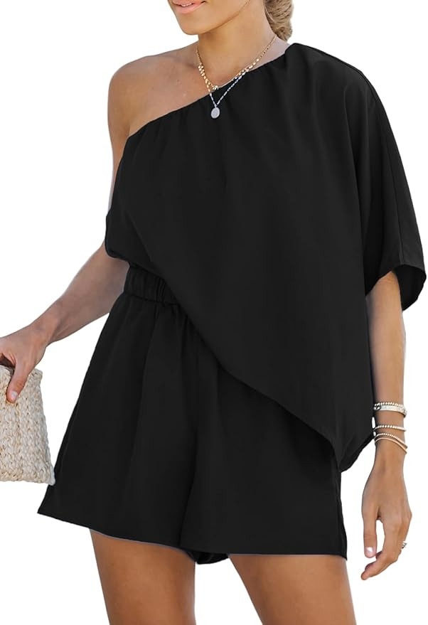 CUPSHE Women's One Shoulder Romper 3/4 Sleeve Wide Leg Mini Jumpsuit Short Draped Bodice Romper C... | Amazon (US)