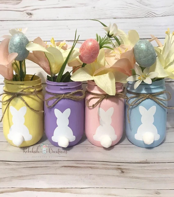 Bunny Mason Jars, Spring Mason Jars, Easter Mason Jars, Pastel Mason Jars, Spring Decor, Easter C... | Etsy (US)