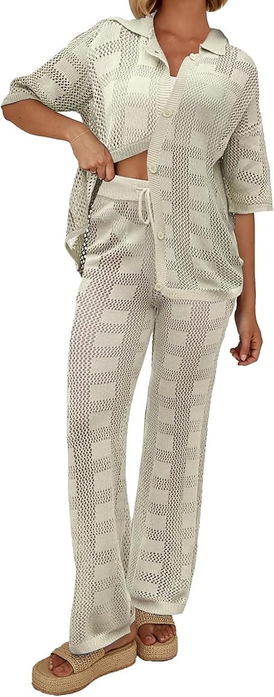 Famulily Womens 2 Piece Crochet Knit Cover Up Summer Beach Coverups Set with Short Sleeve Button ... | Amazon (US)