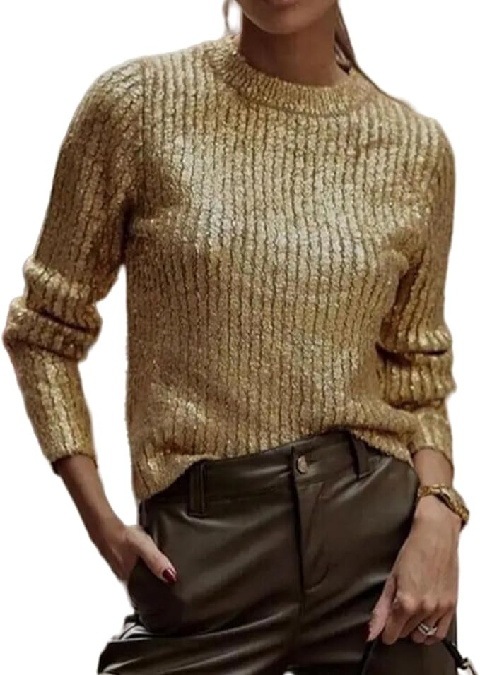 LifeShe Women's Metallic Solid Color Knit Sweater Crewneck Casual Loose Pullover Jumper Tops Blou... | Amazon (US)