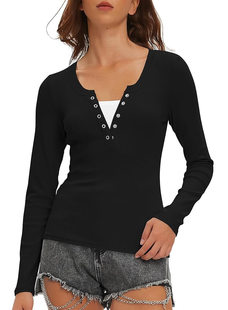 Beaully Womens Long Sleeve Shirts V Neck Henley Tops Slim Fit Basic Going Out Tshirts Fall Fashio... | Amazon (US)