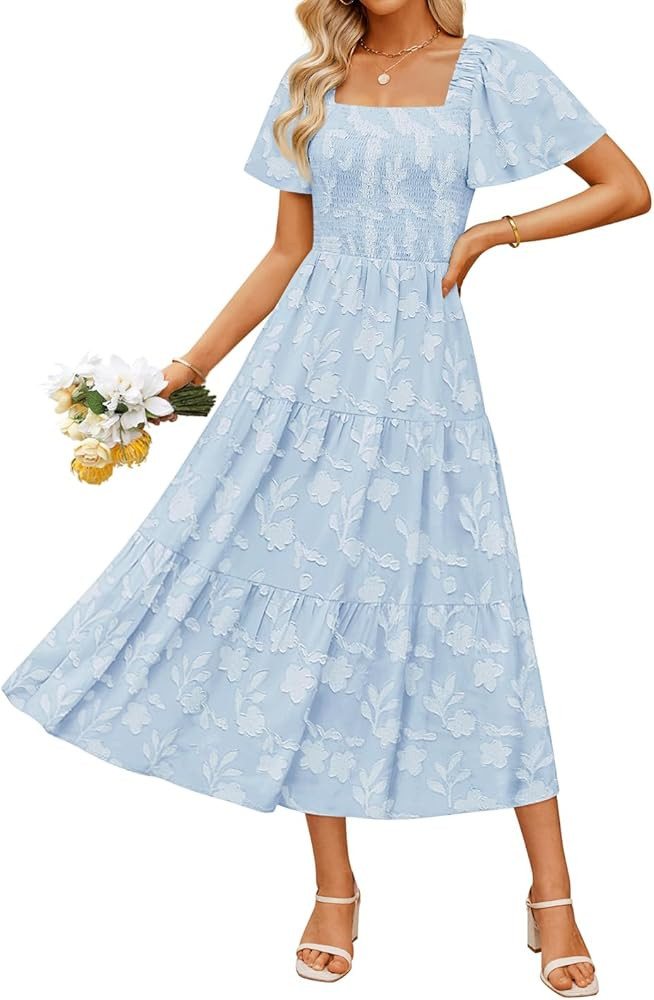 ZESICA Women‘s Summer Boho Floral Midi Dress 2026 Casual Short Sleeve Square Neck Flowy Beach V... | Amazon (US)