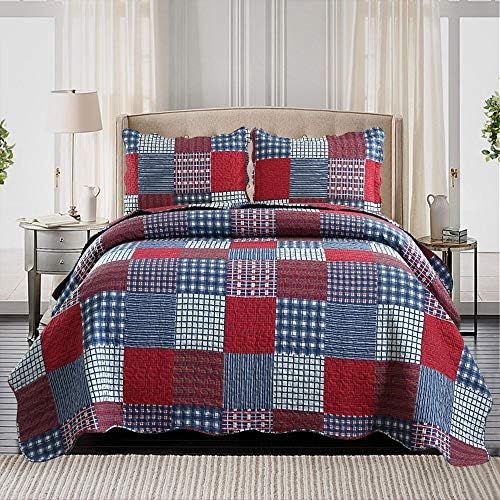 Red Blue Plaid Quilt Set King Size Country Patchwork Bedding Set Lightweight Reversible Bedspread Co | Amazon (US)