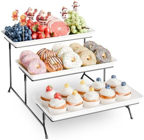 3-Tier Melamine Serving Tray Set, 14"x7" Platters for Serving Food, White Reusable Trays with Bla... | Amazon (US)