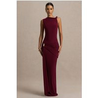 Decadence | Burgundy High-Neck Wrapped Maxi Dress With Twist-Sleeve | Club L London