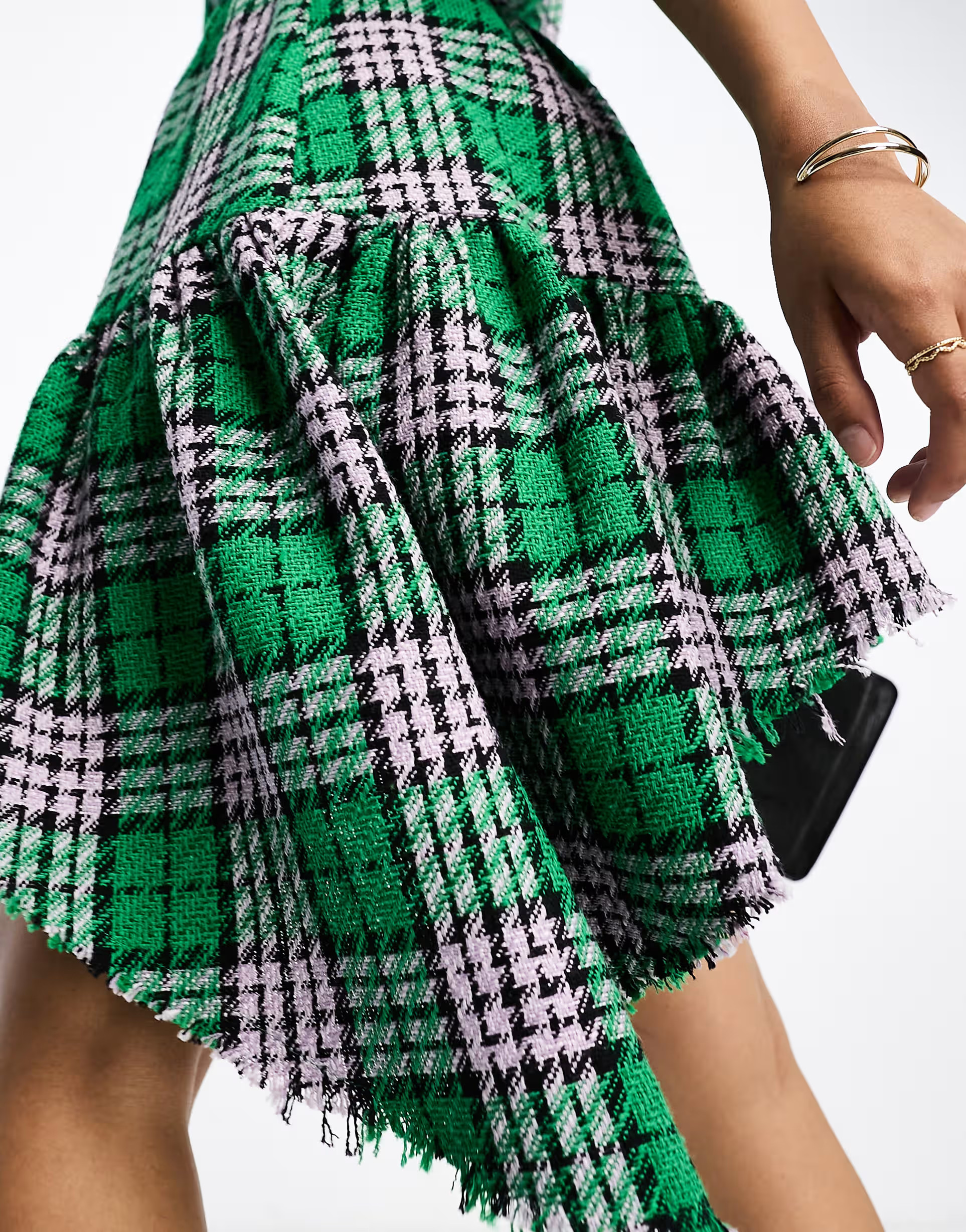 ASOS DESIGN boucle mini smock dress with frayed hem in green check | ASOS (Global)
