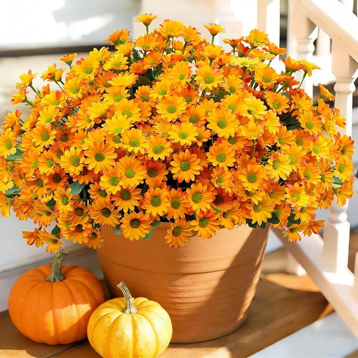 8 Bundles Artificial Mums for Outdoors, Fake Fall Flowers Faux Daisies Sunset Mums UV Resistant F... | Amazon (US)