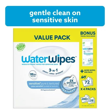 WaterWipes Sensitive Pure & Textured Wipes, 3-In-1 Cleans, Cares, Protects, 99.9% Water, Unscented & Hypoallergenic, 288 Count + Bonus Pack | Walmart (US)