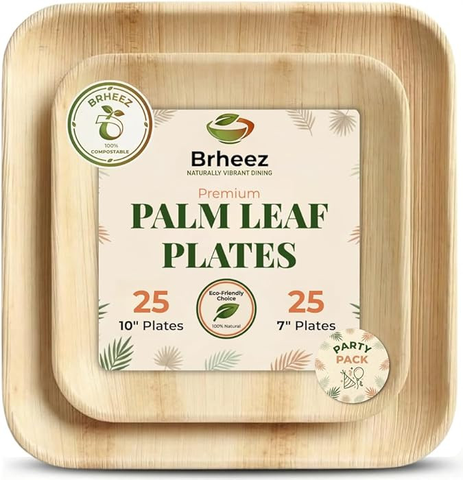 brheez Bamboo Plates Disposable Palm Leaf Plates | 10 inch bamboo dinner plates | Eco Compostable... | Amazon (US)